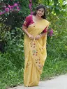 Light Yellow Hand-Painted Saree With Glass Work on Flower Design | Multicolor Floral Design | Elegant Ethnic Wear