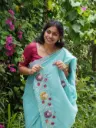 Ocean Blue Hand-Painted Saree With Glass Work on Flower Design | Multicolor Floral Design | Elegant Ethnic Wear 