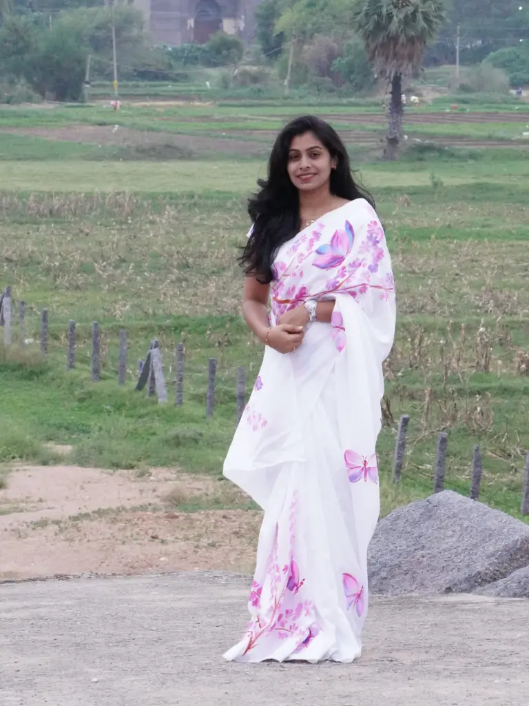 White Hand-Painted Saree With Pink Flowers All Over Saree | Multicolor Floral Motifs & Designed Border | Fancy & Artistic Ethnic (Unstitched, No)