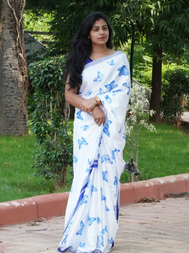 White & Blue Butterfly Satin Saree with Stylish Pallu – Timeless Grace (Unstitched, No)
