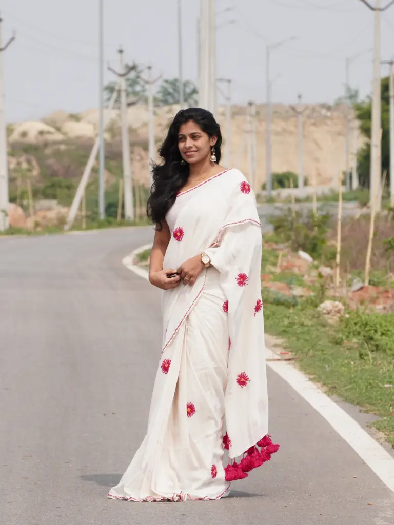 Mul Cotton Handwork Saree | All Over Floral Embroidery | Blouse & Heavy Tassels Included (Unstitched, No)