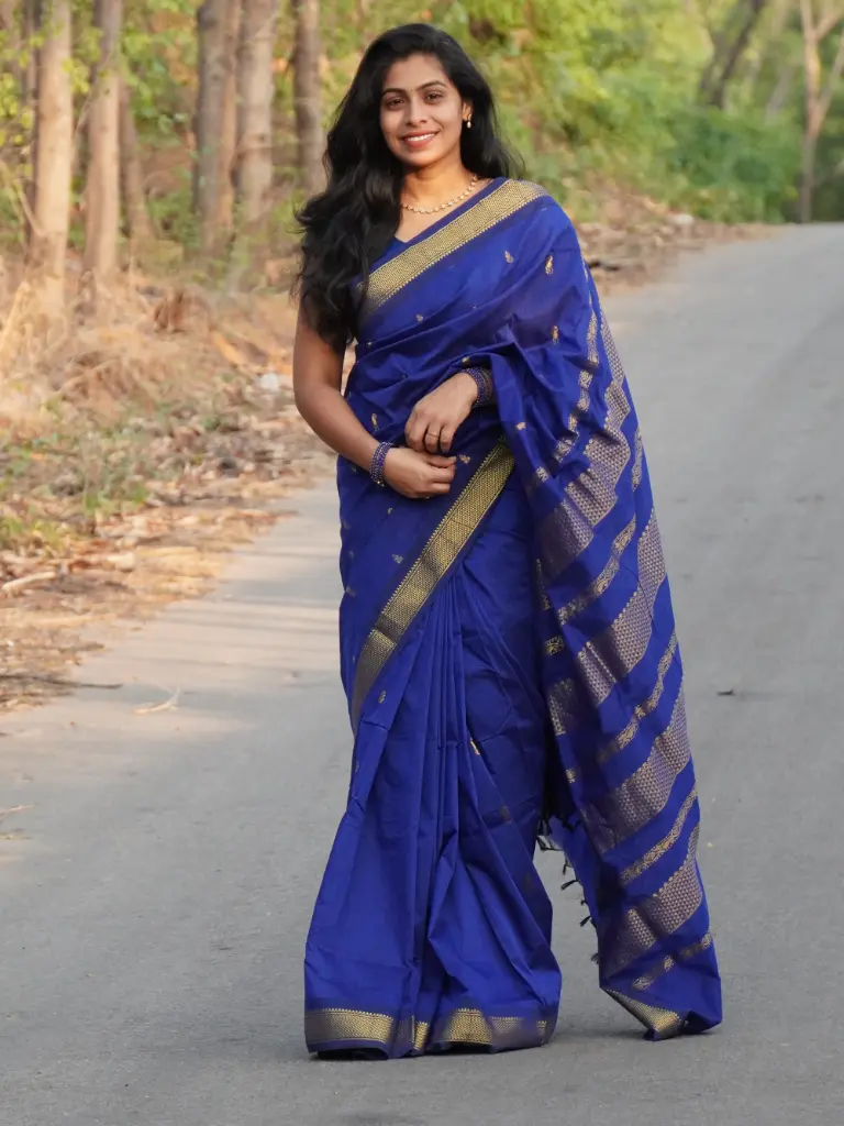 New Royal Blue Kalyani Cotton Silk Saree | Full Zari Butta | Self Zari Border & Pallu (Unstitched, No)