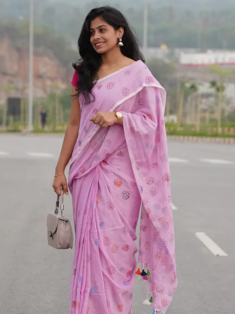 Pink Hand-Painted Saree With Multi Flower Design Saree with Artistic Design (Unstitched, No)