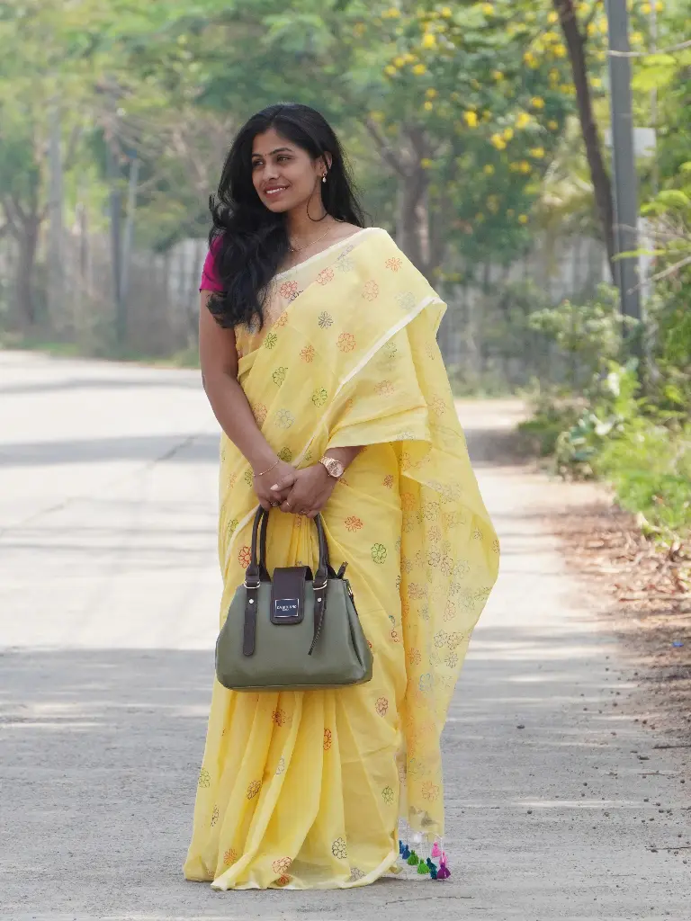 Yellow Hand-Painted Saree With Multi Flower Design Saree with Artistic Design (Unstitched, No)