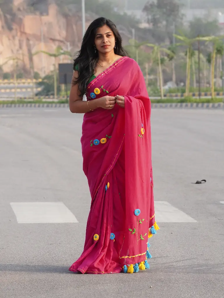 Pink Hand-Embroidered Saree | Blue & Yellow Floral Embroidery | Heavy Tassels Border MR01 (Unstitched, No)