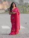 Pink Hand-Embroidered Saree | Blue & Yellow Floral Embroidery | Heavy Tassels Border MR01