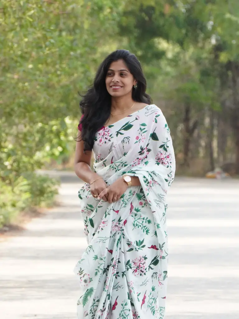 Floral Design Mulmul Cotton Saree | Hand Block Print with Blouse (Unstitched, No)