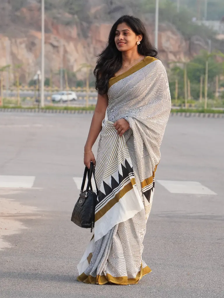 Mustard Yellow Border Mulmul Cotton Saree | Hand Block Print with Blouse 