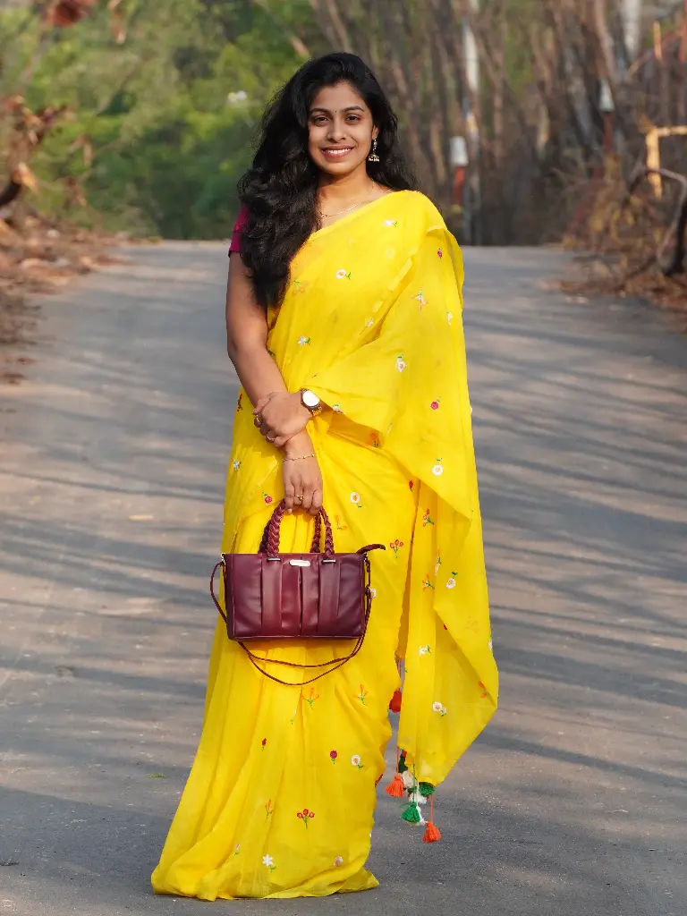 Khadi Cotton Yellow Saree Multi Colours Embroidery Work Stylish Saree Party Wear  (Unstitched, No)