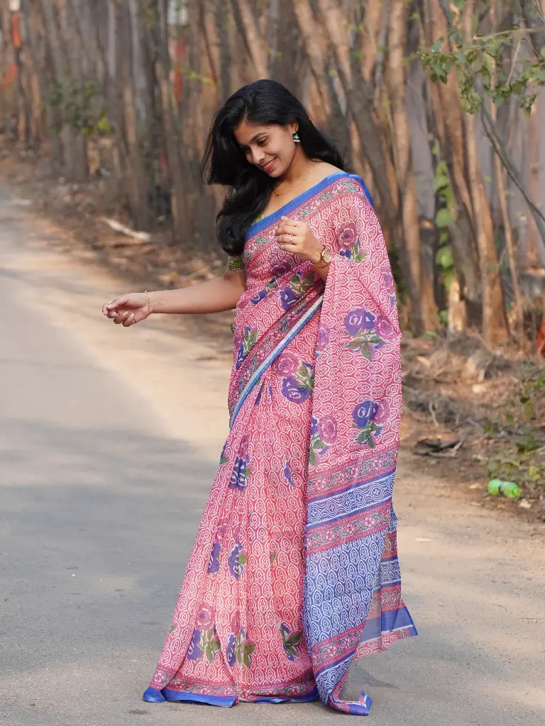 Pink Linen Cotton Saree with Circular Design | Green Floral Blouse | Lightweight & Elegant