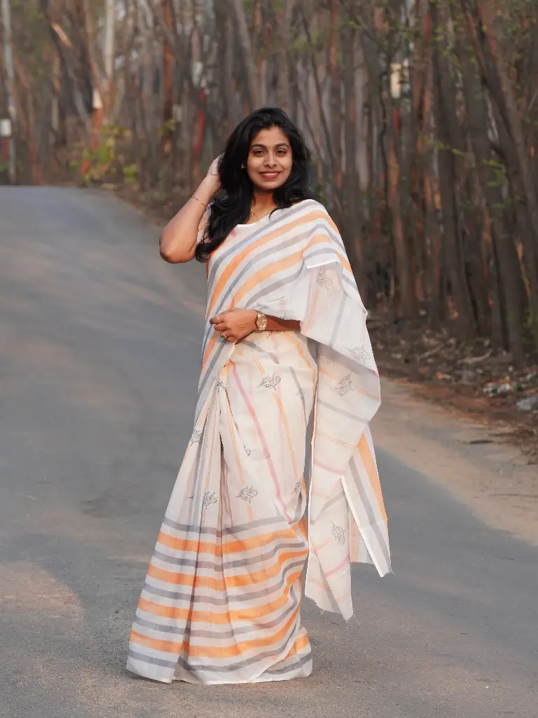 White Linen Cotton Saree with Pink & Orange Stripes | Lightweight & Elegant with Blouse (Unstitched, No)