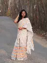 White Linen Cotton Saree with Pink & Orange Stripes | Lightweight & Elegant with Blouse