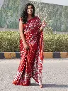Elegant Red Satin Silk Saree with Designer Prints & Handmade Tassels – Timeless Elegance