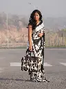 Black & White Kalamkari Satin Silk Saree with Handmade Tassels - Timeless Grace"