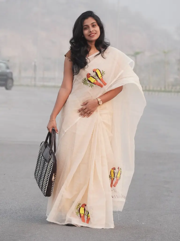 Off-White Kota Doria Saree with Embroidery Work Online | Affordable Designer Sarees