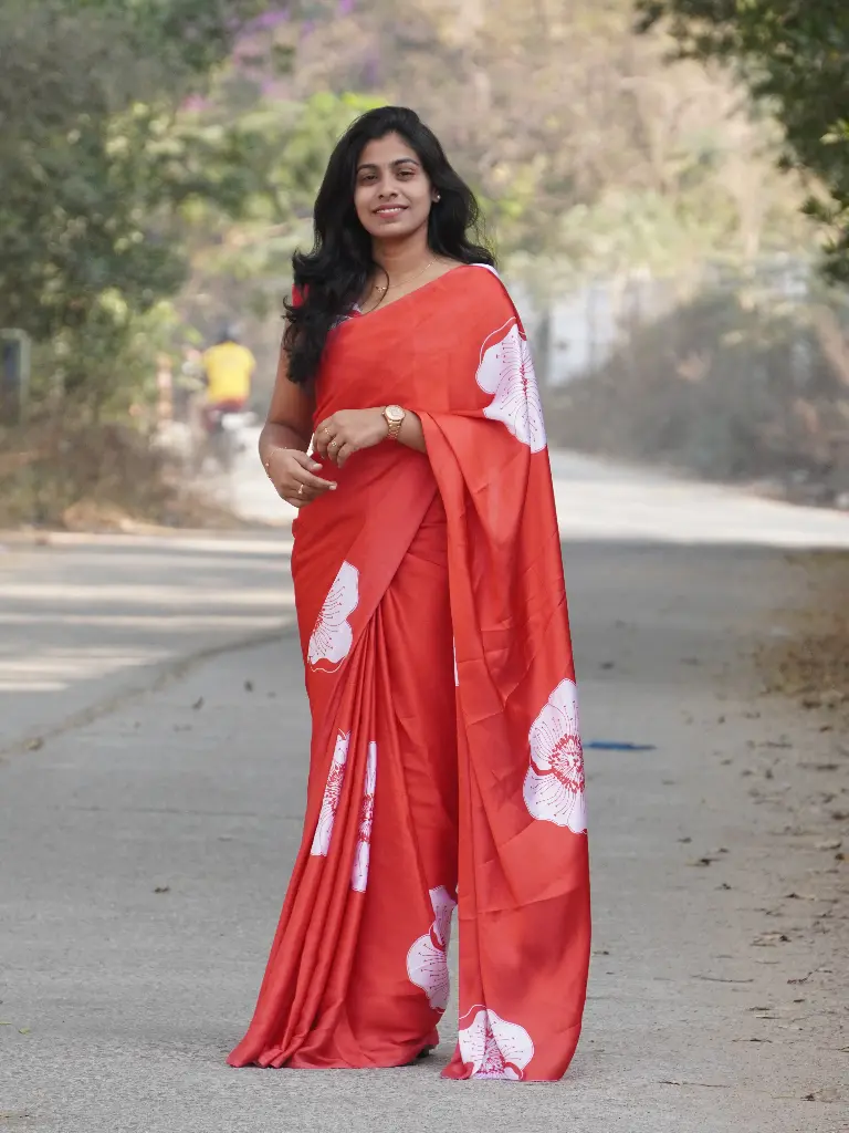 Stunning Red Satin Saree with White Floral Design – Elegant & Graceful (Unstitched, No)