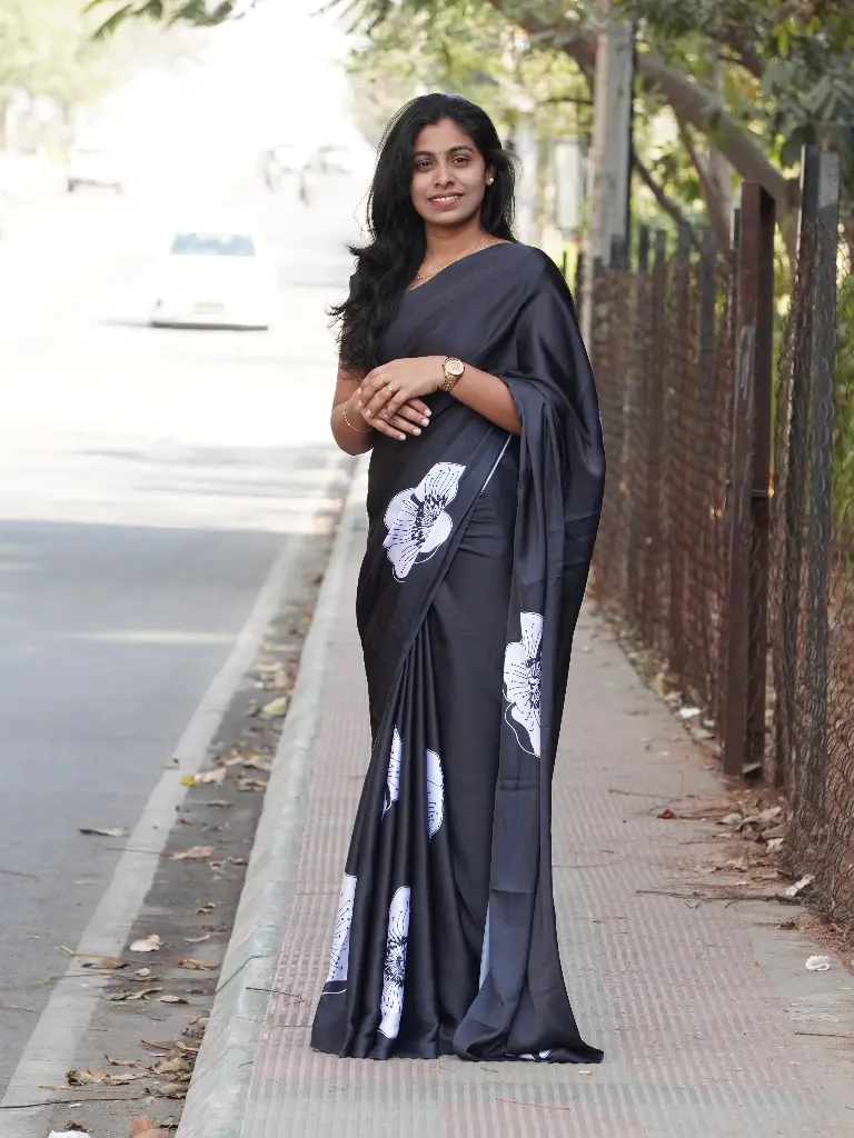 Elegant Black Satin Saree with White Floral Design – Timeless & Graceful (Unstitched, No)