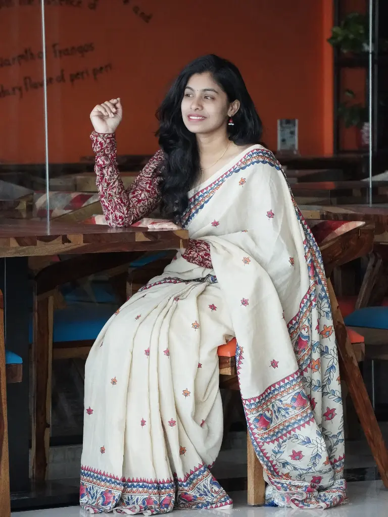 Ivory White Khadi Cotton Saree | Hand work Madhubani print Design | Party Wear