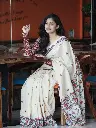 Ivory White Khadi Cotton Saree | Hand work Madhubani print Design | Party Wear