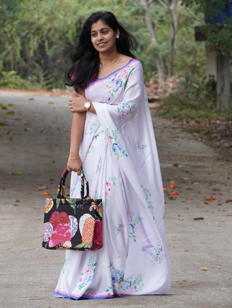 White Floral Satin Saree with Blue and Pink Border (Unstitched, No)