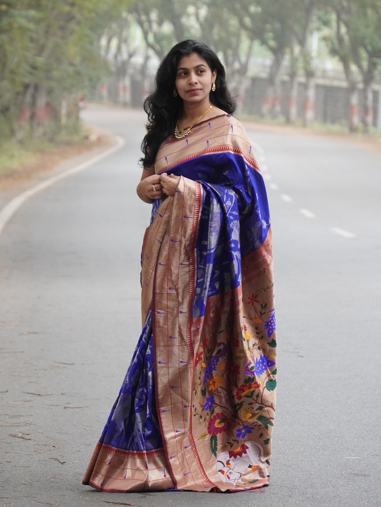 Pure Paithani Silk Saree with Gold & Silver Zari | Traditional 3D Weave Design (Unstitched, No)