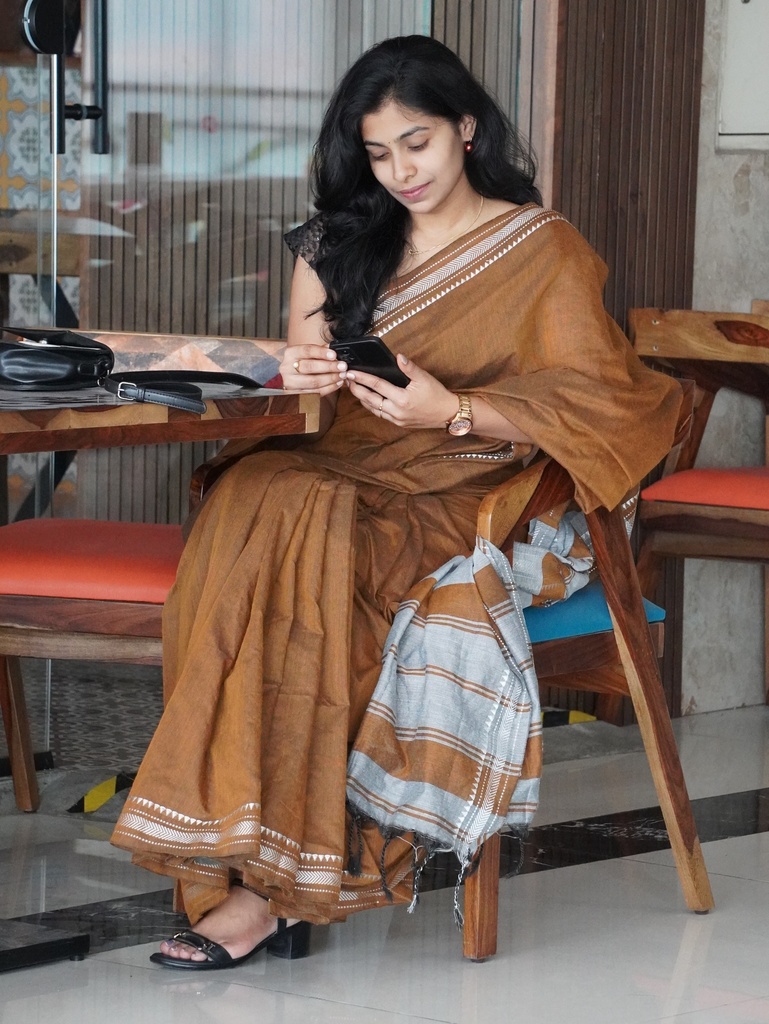 Elegant Brown Khadi Cotton Saree with Silver Zari Border (Unstitched, No)