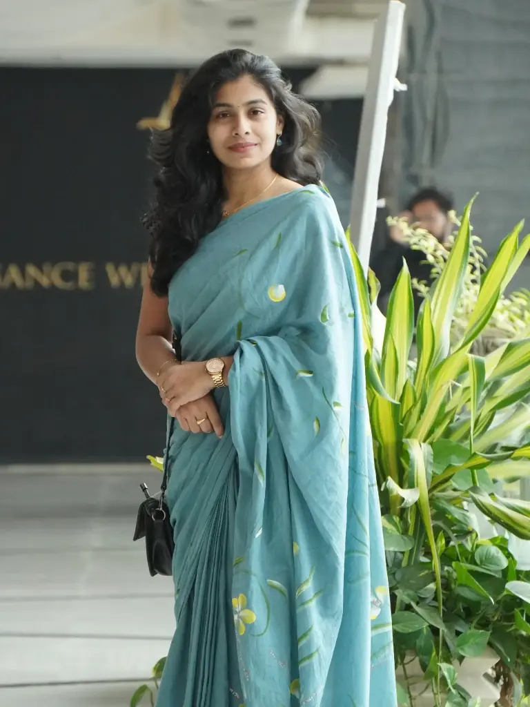 Exquisite Hand-Painted Teal Blue Saree with White Floral Design (Unstitched, No)