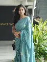 Exquisite Hand-Painted Teal Blue Saree with White Floral Design