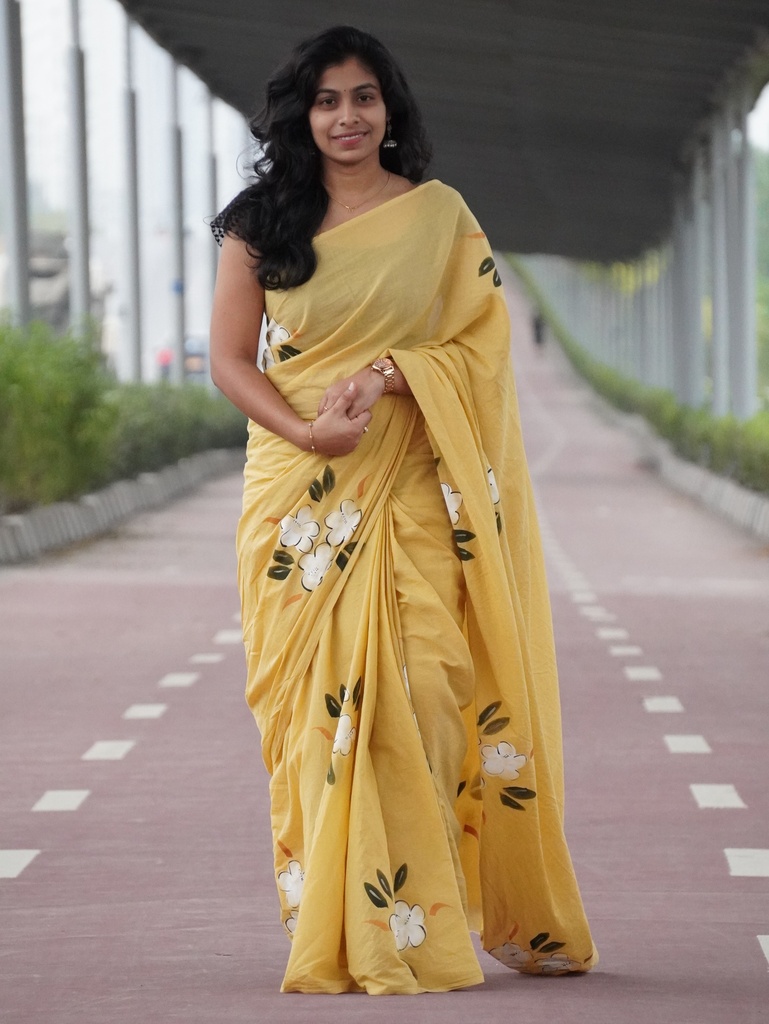 Exquisite Hand-Painted Yellow Saree with Artistic Design (Unstitched, No)