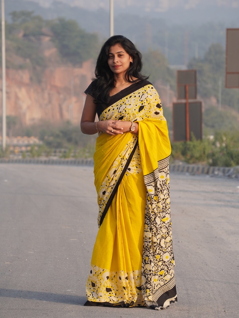 Yellow Mulmul Cotton Saree | Handwork Floral Border with Blouse (Unstitched, No)
