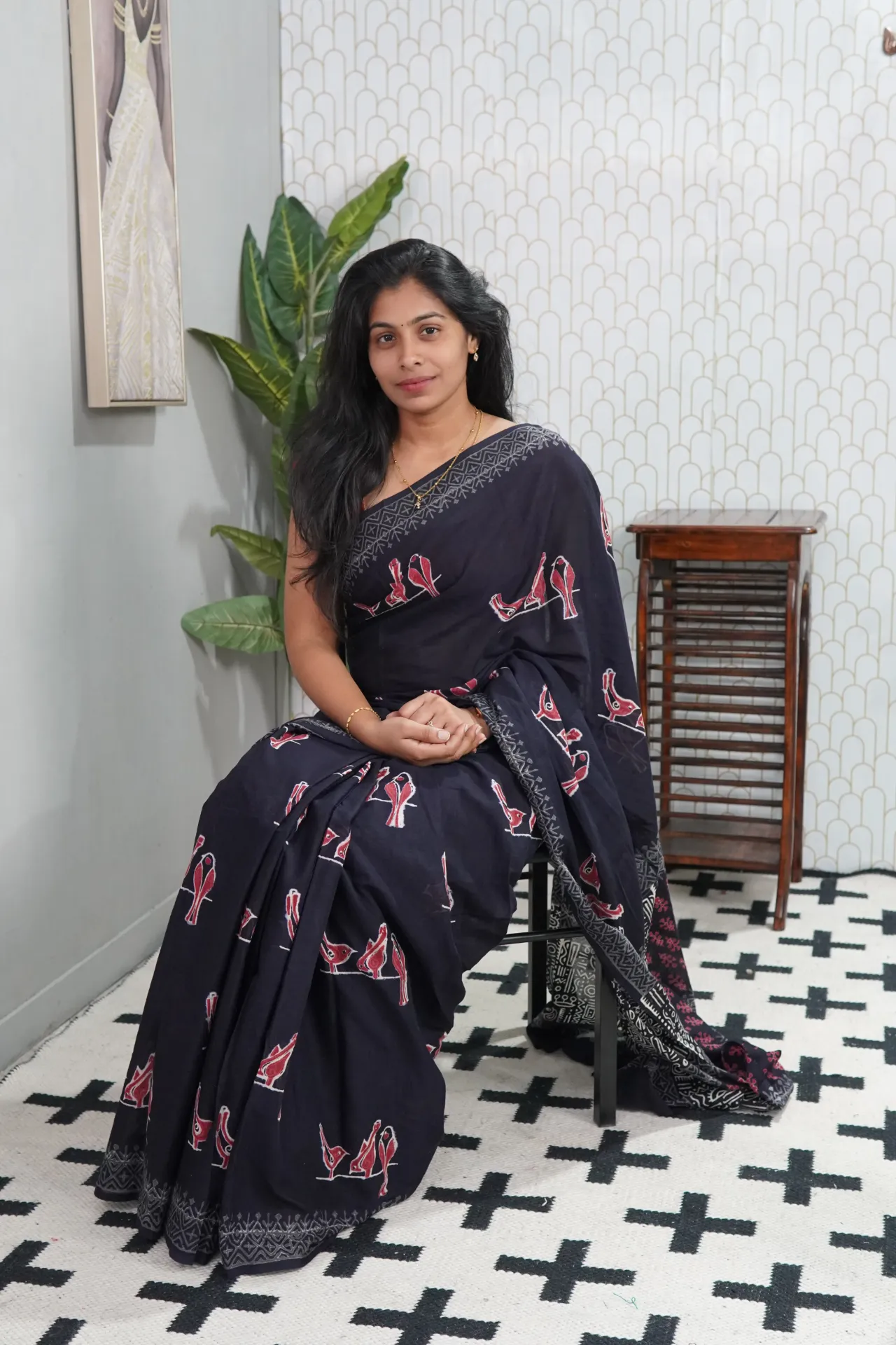 Black Mul Cotton Saree with Hand Block Printed Birds | Artistic Lightweight Ethnic Wear