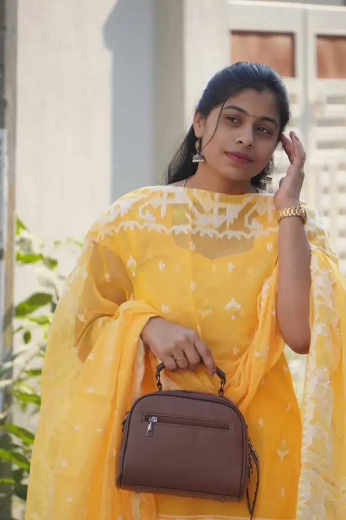 [FFF47] Yellow jamdani dress material