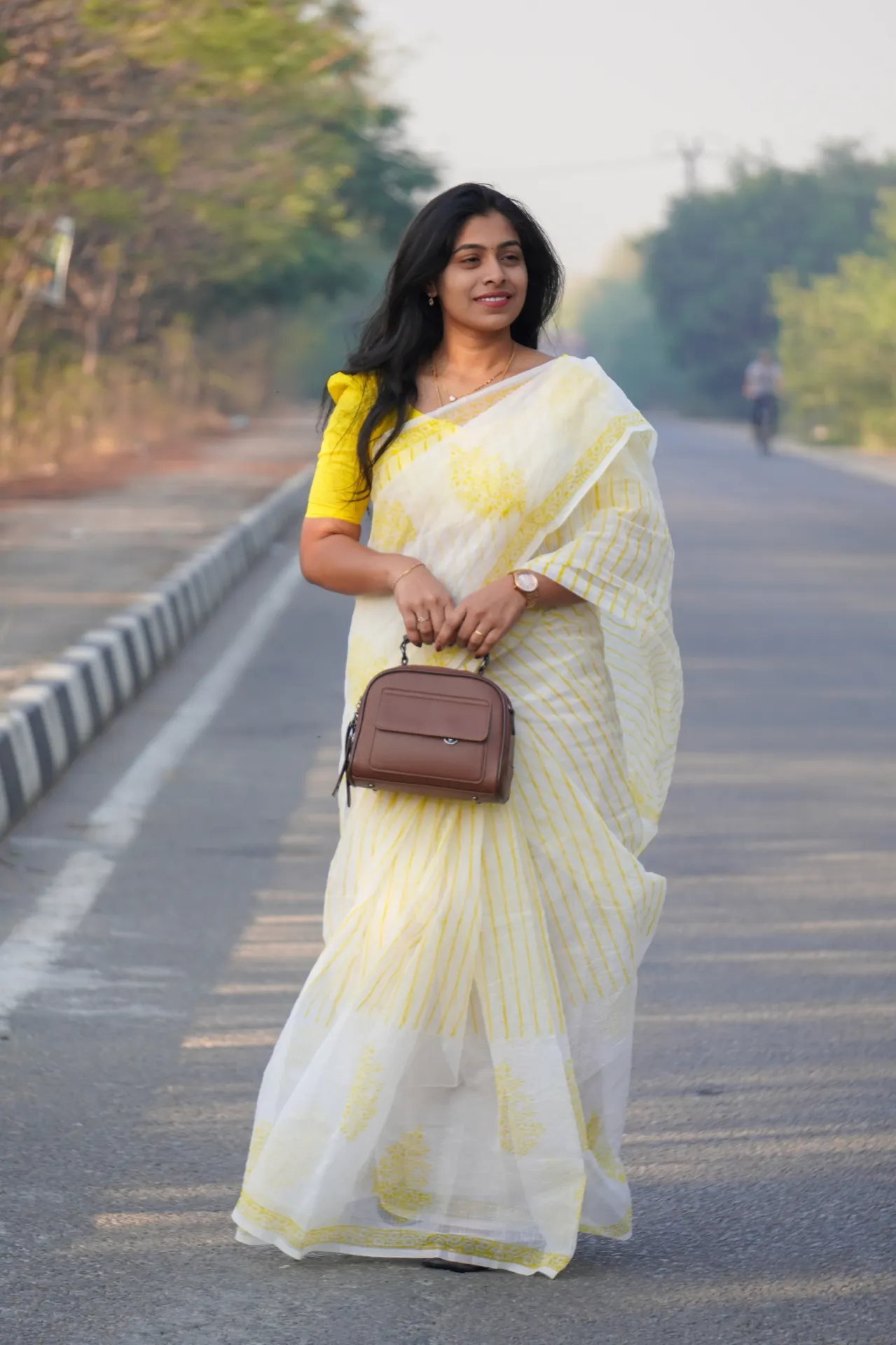 [FFF49] White Kota Cotton Saree with Yellow Design | Elegant & Breathable Summer Wear