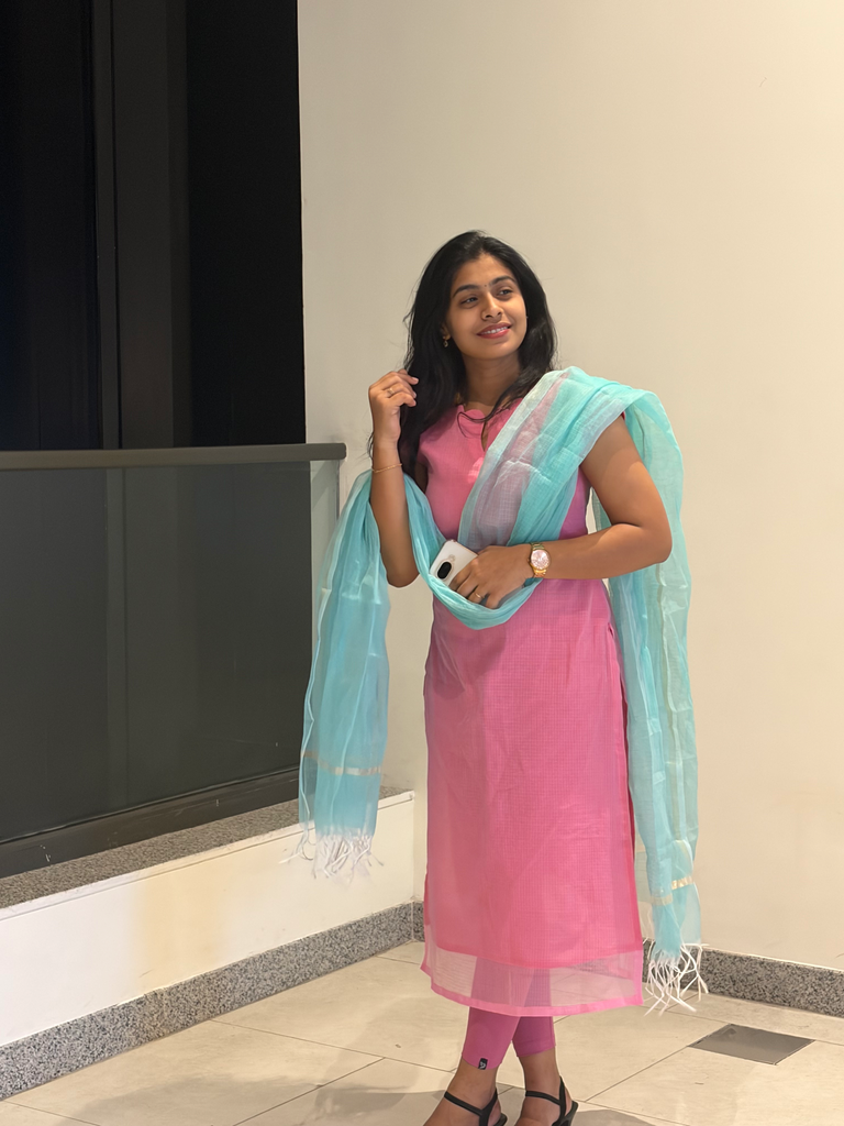 Kota Doria Mix Plain Dress Material (Top & Dupatta) | Lightweight Elegant Ethnic Wear (Baby Pink - Sky Blue)