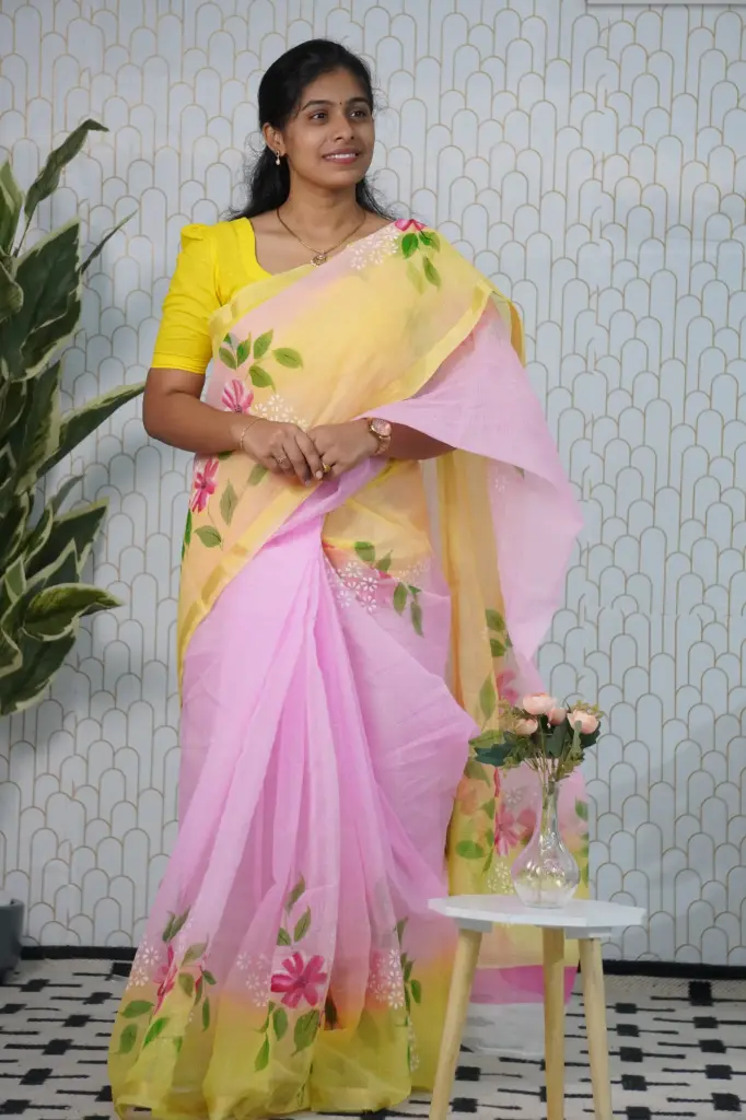 Dual Shaded Kota Cotton Saree With Hand Paint Floral Design (Unstitched)