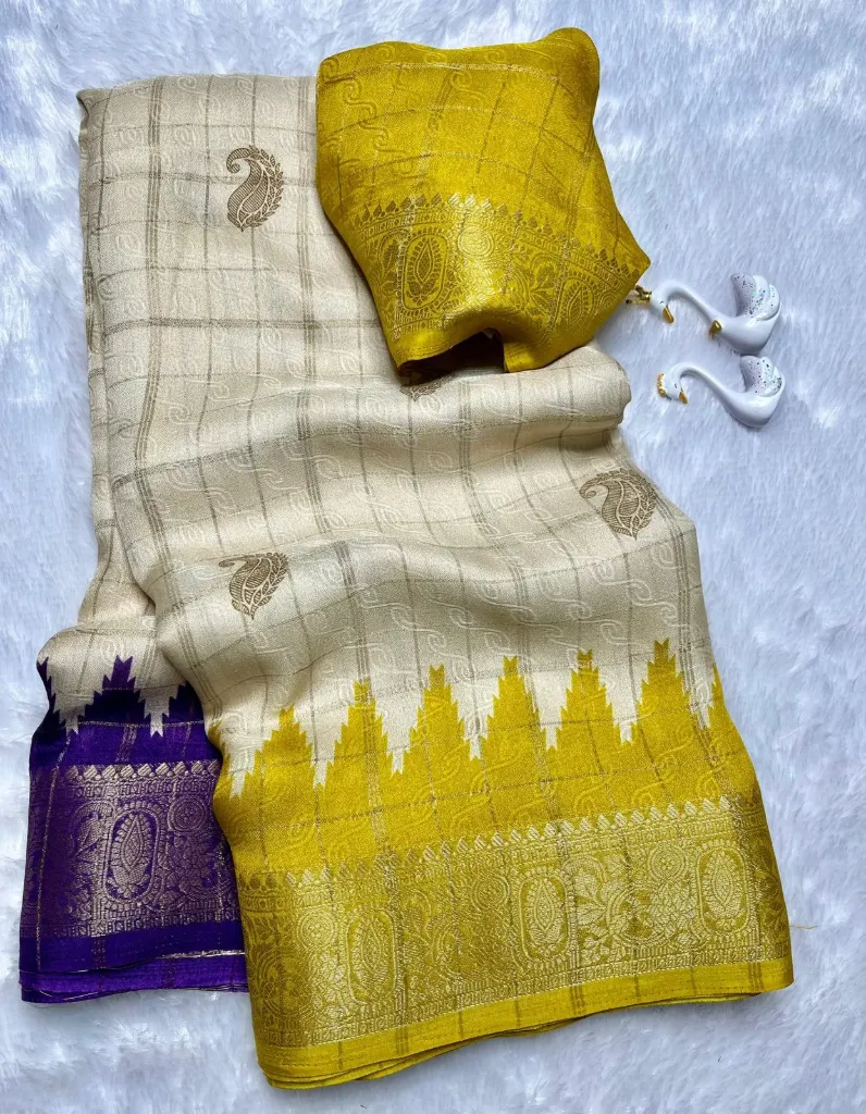 Temple Border Crape Saree (Yellow-Purple)