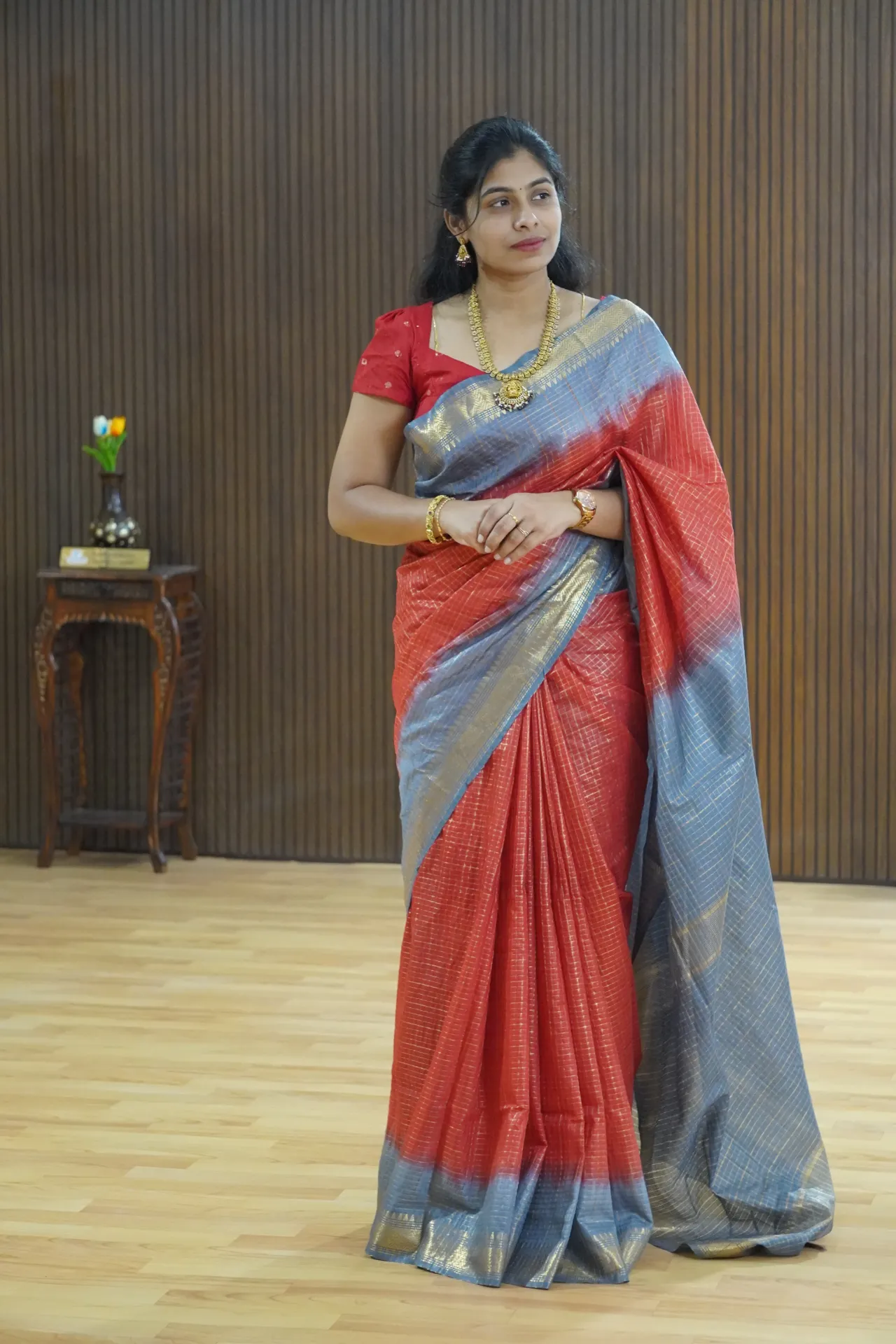 Dola silk with checks FFF57 (Red and grey)