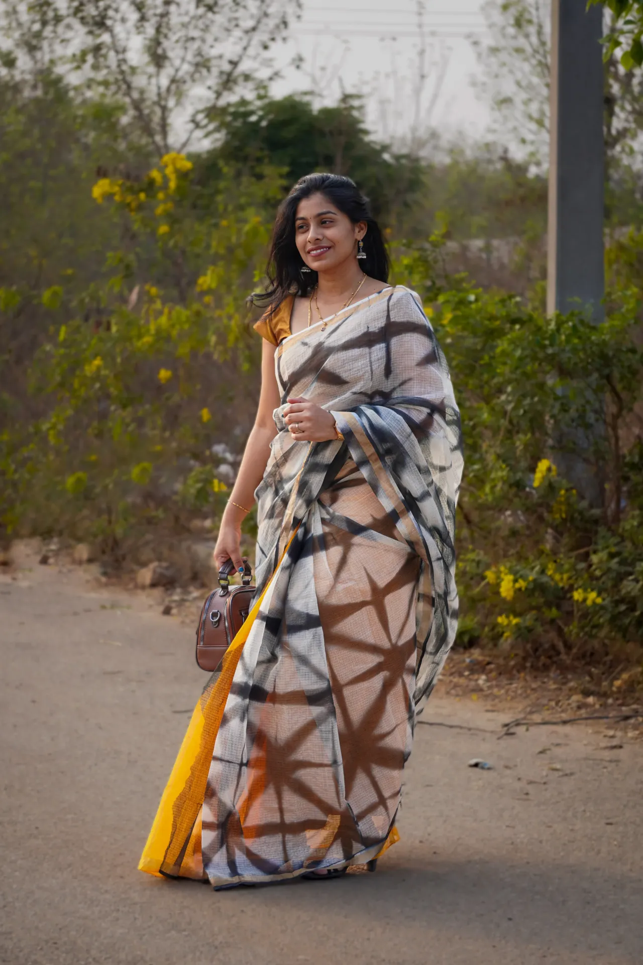 Yellow Black Kota Saree (Unstitched)