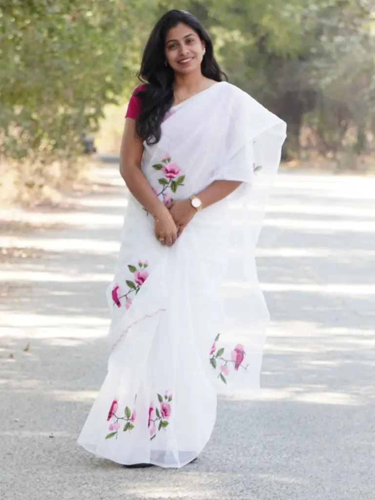 White Kota Doria Saree with Embroidery Work Online | Affordable Designer Sarees (Unstitched)