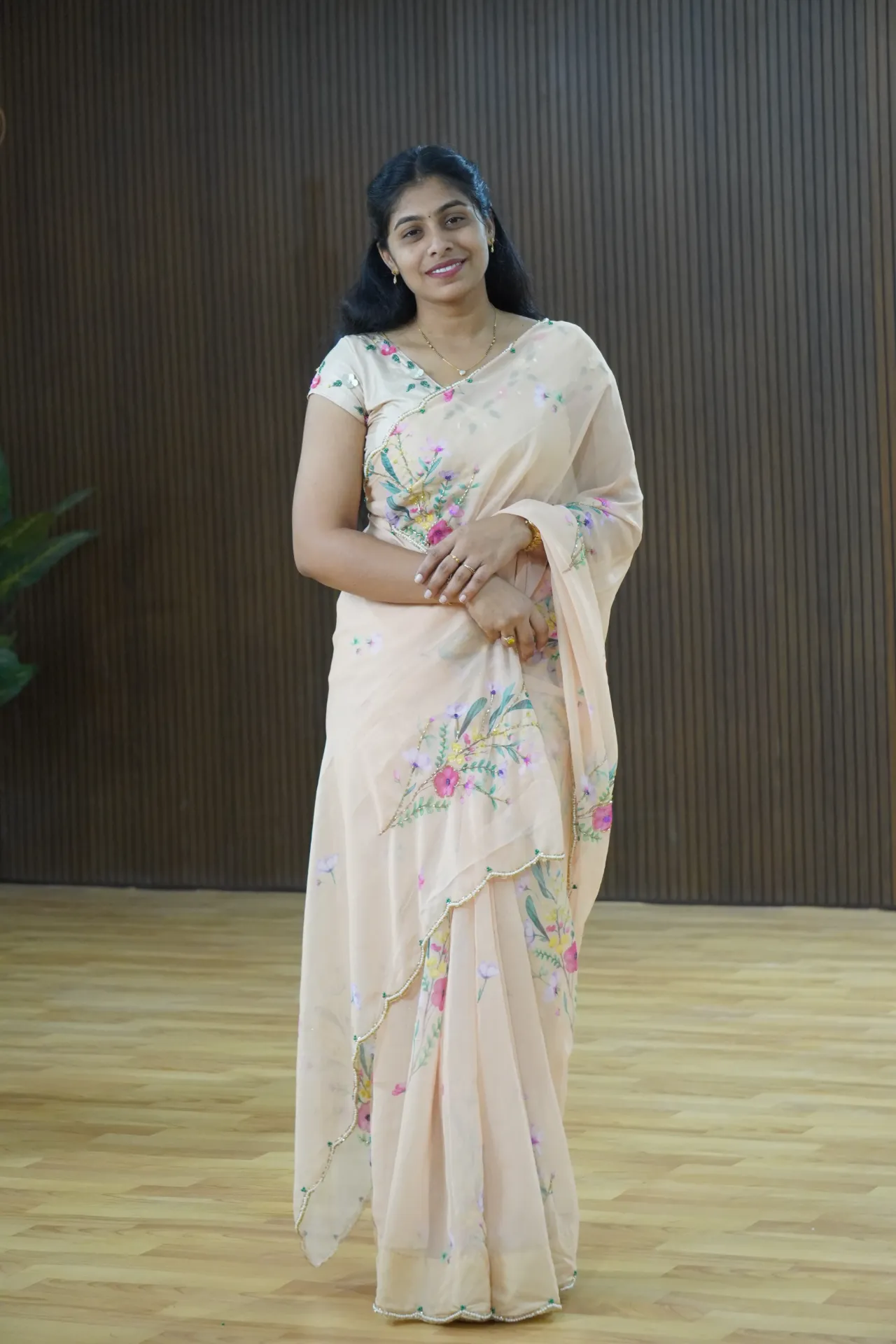 Soft georgette fancy saree with pearl work