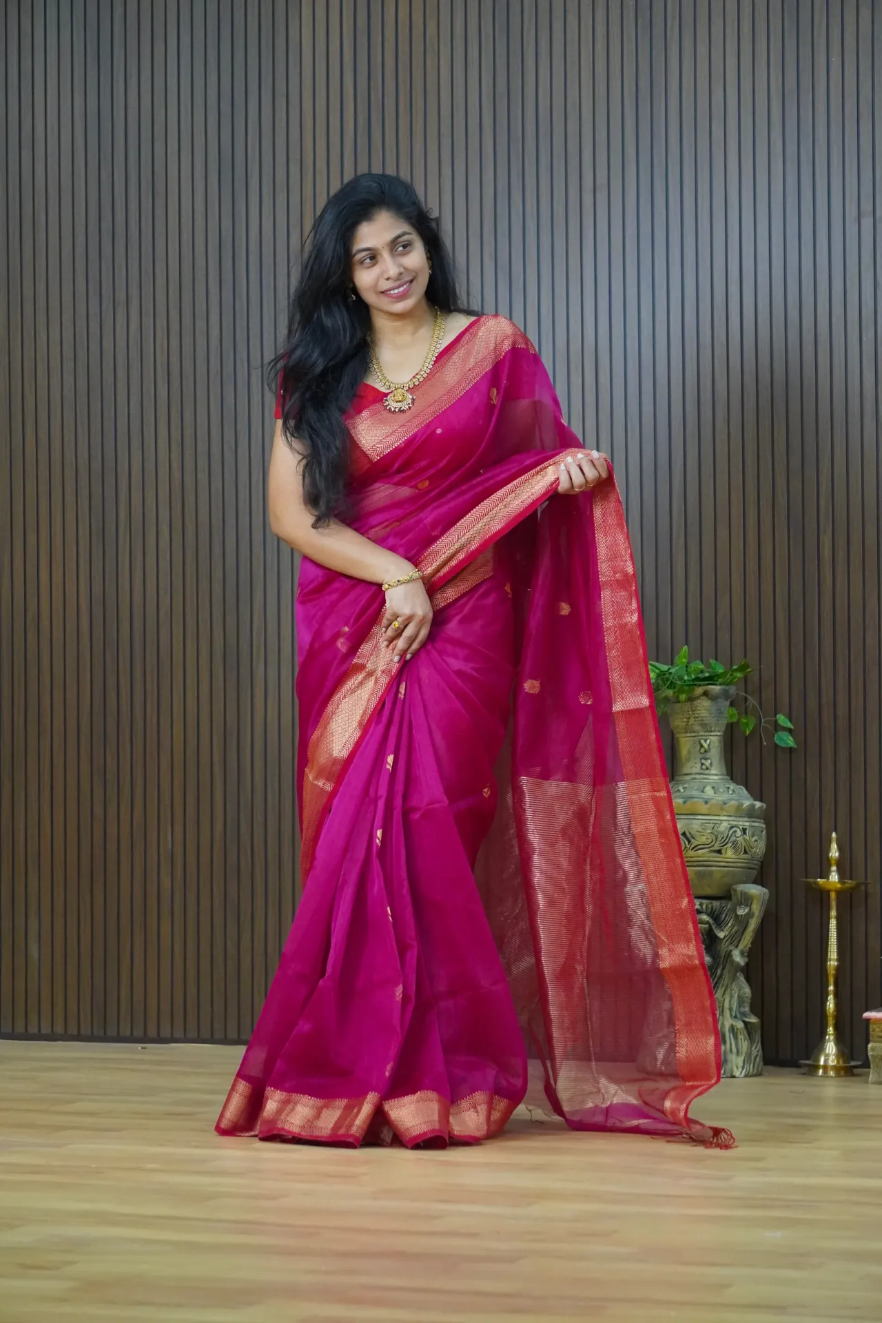 Pure Maheshwari handloom silk saree — hand-woven, heirloom quality