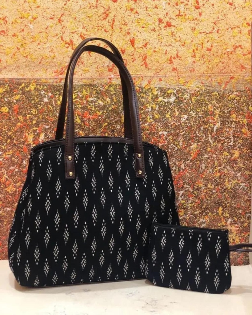 Beautiful Doremon Tote Bag in Ikkat Fabric with Triple Partitions (Black Block Print)