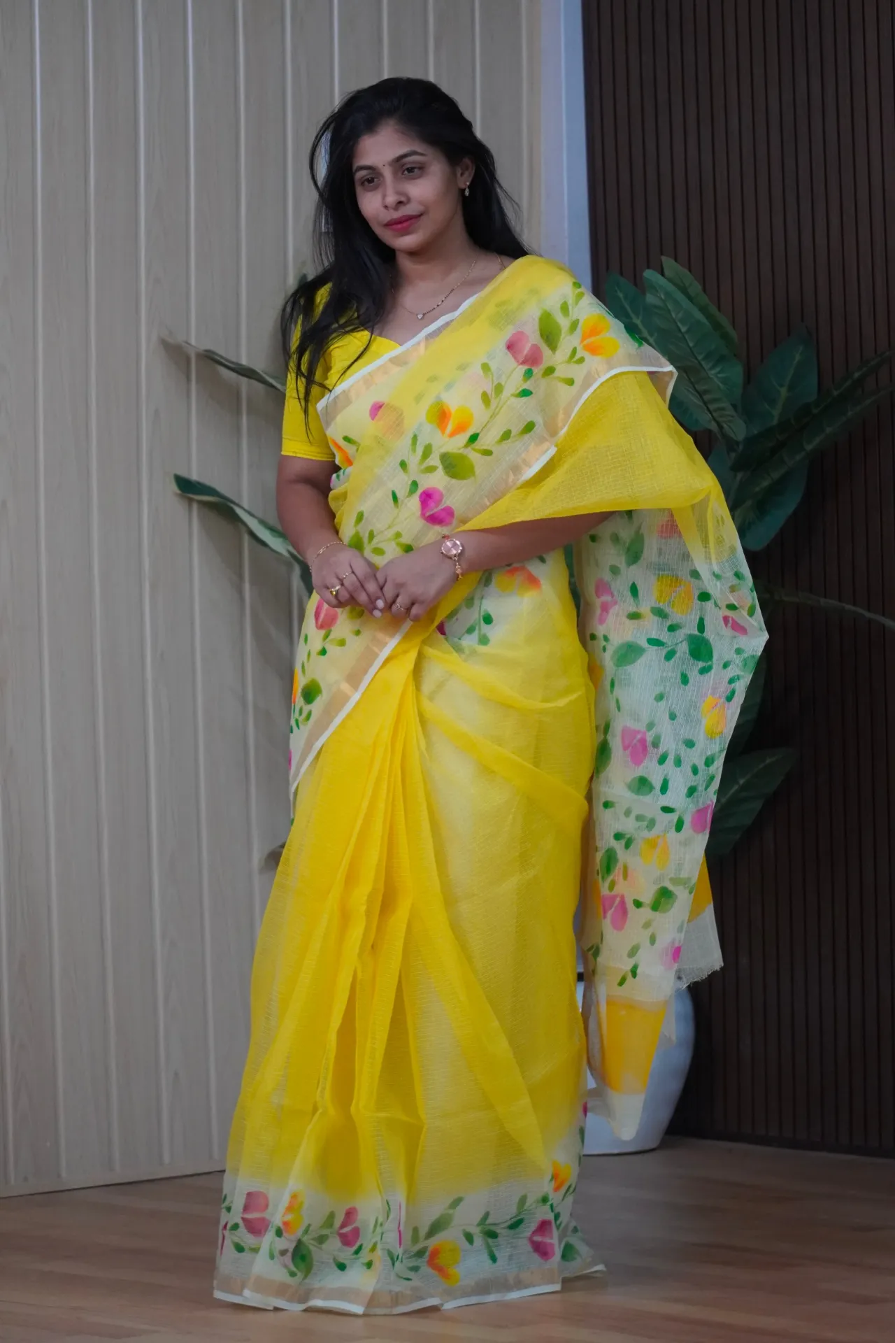 [FFF83] Cotton kota hand painted saree yellow shade