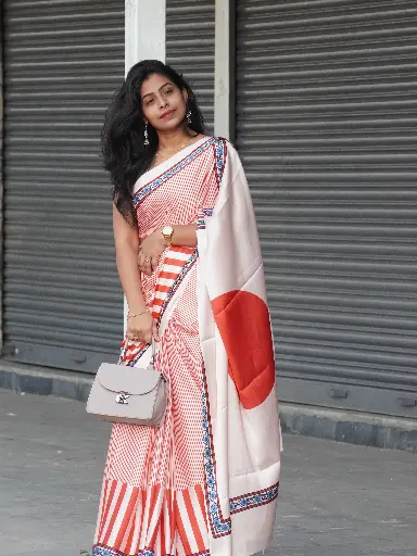 Beige Satin Saree with Red Line Design & Red Pallu – Timeless Grace With Fashion 