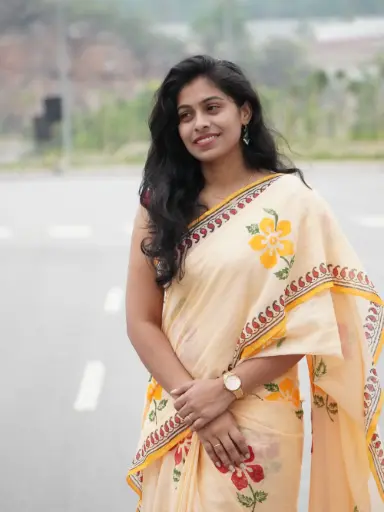 Light Orange Hand-Painted Saree | Multicolor Floral Motifs & Designed Border | Fancy & Artistic Ethnic