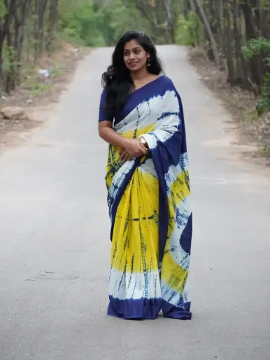Blue Yellow Mulmul Cotton Saree | Hand Block Print with Blouse