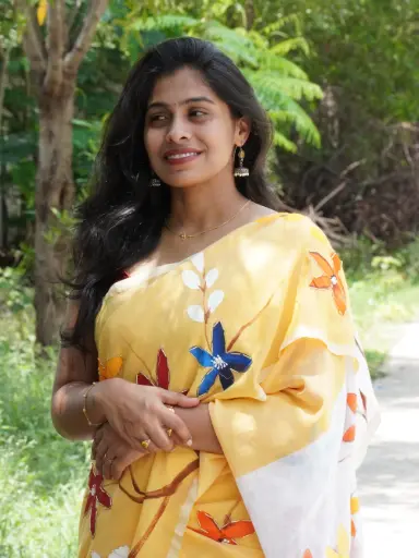 Hand-Painted Saree With Glass Work on Flower Border | Multicolor Floral & Artistic Design | Elegant Ethnic Wear 