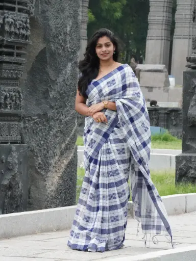 Khadi Cotton White Blue Checks Saree Stylish Saree Party Wear