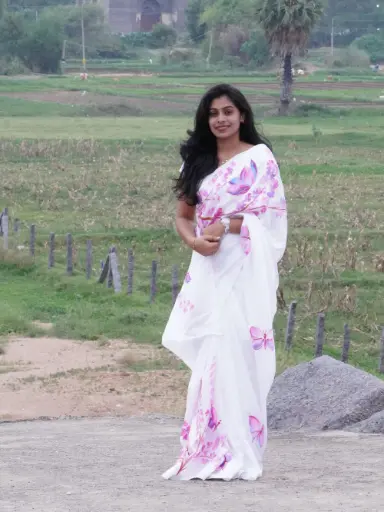 White Hand-Painted Saree With Pink Flowers All Over Saree | Multicolor Floral Motifs & Designed Border | Fancy & Artistic Ethnic