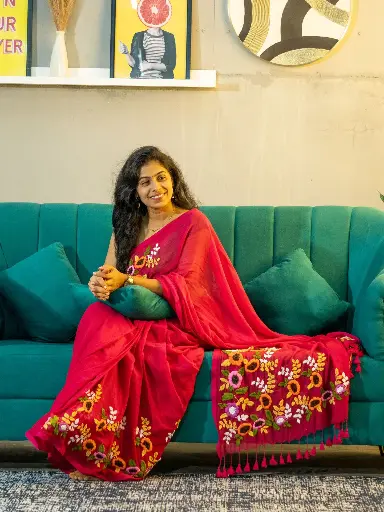 [HW02] Pink Multi Color flowers Hand-Embroidered Saree | Floral Embroidery | Heavy Tassels Border 